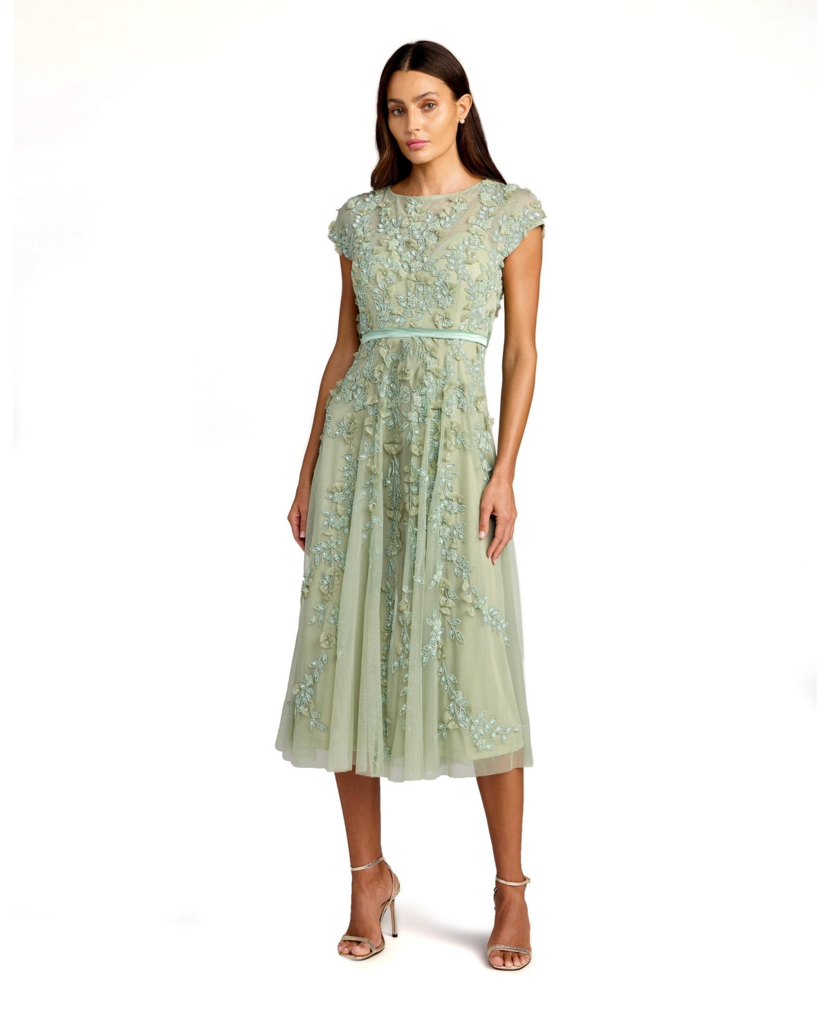 Mac Duggal Petite Floral Embellished Cap Sleeve Midi Dress - Sage | Macy's