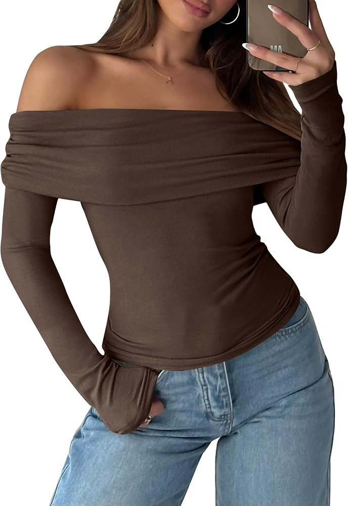 ANRABESS Womens Long Sleeve Off Shoulder Shirts Tight Fitted Going Out Y2K Sexy Ruched Tee Tops B... | Amazon (US)