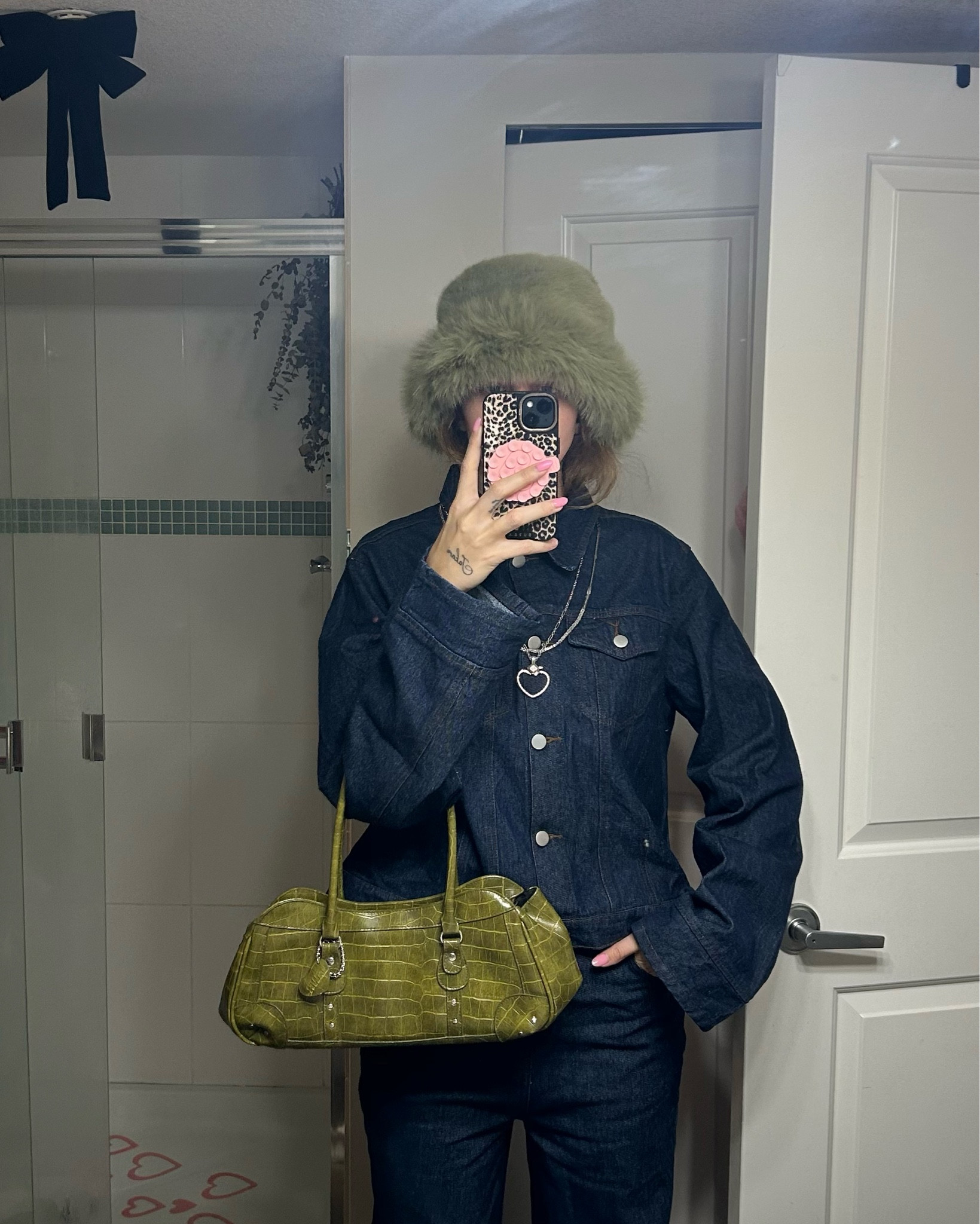 Matching denim on denim set, Jean  set, winter hat fuzzy hat faux fur oversized jacket 