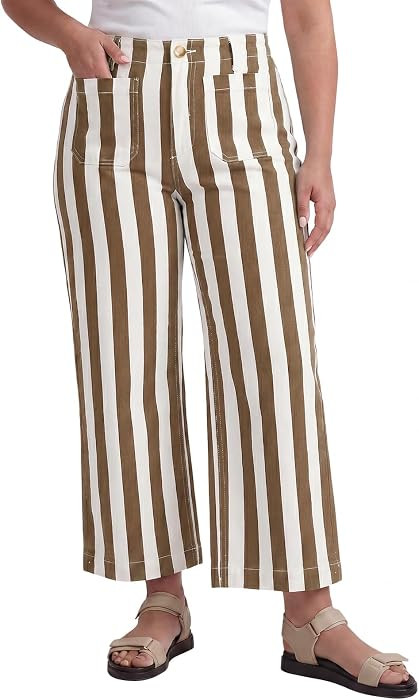 Beautife Womens Plus Size Wide Leg Jeans Striped Cropped Denim Pants | Amazon (US)