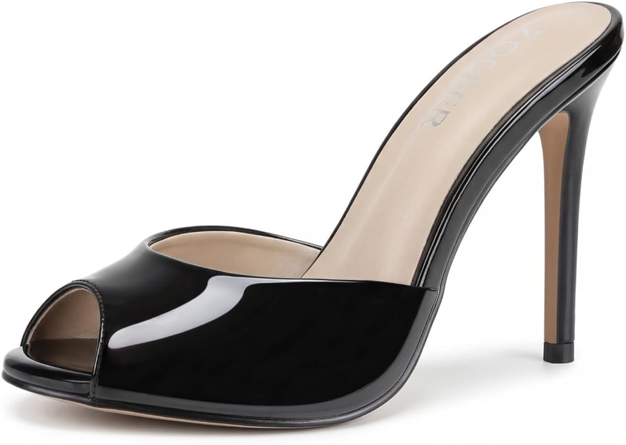 Peep toe Women Kitten High Heels Mules Shoes Sexy Slippers Black | Amazon (US)