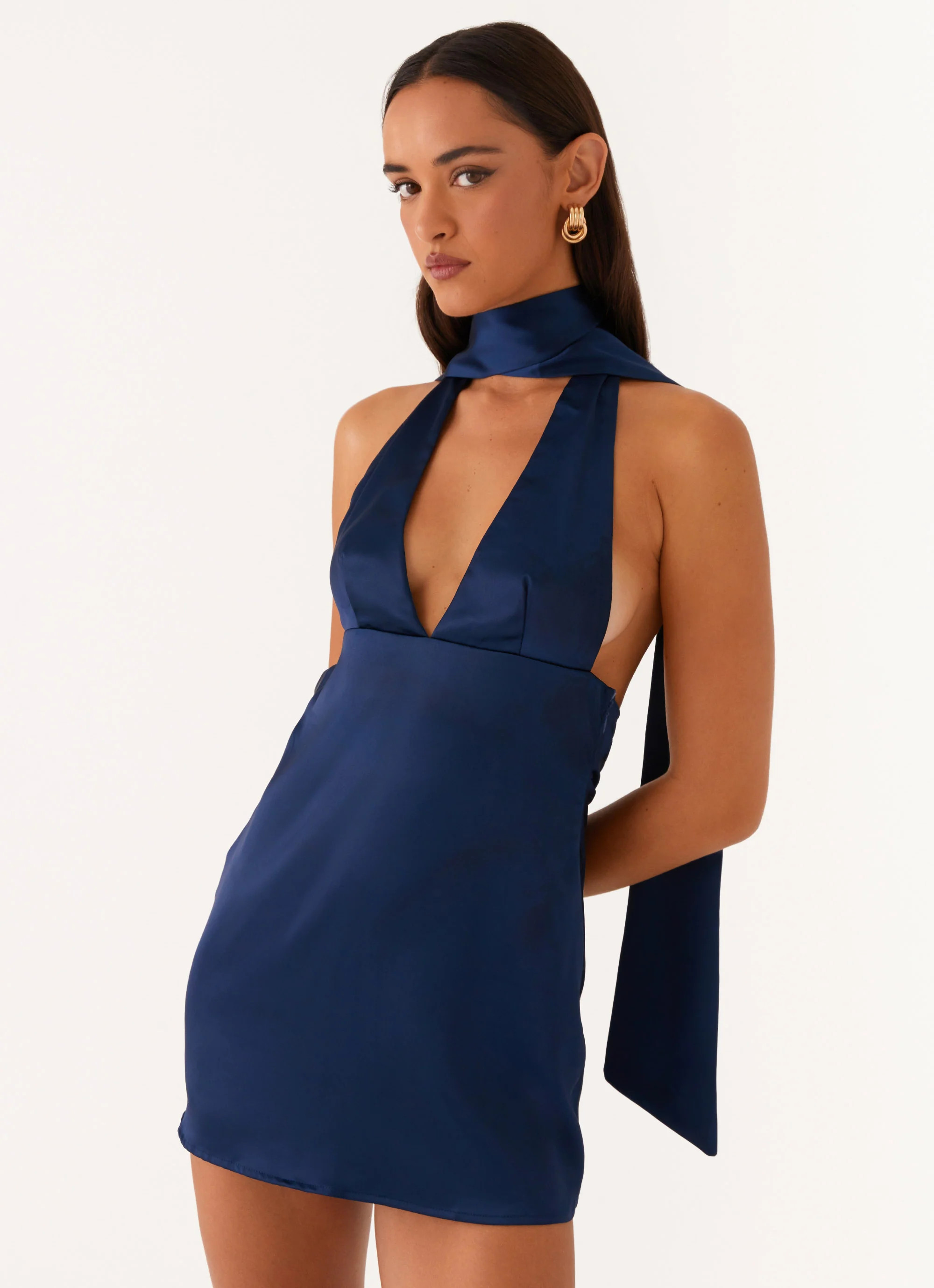 Alicia Satin Halter Mini Dress - Navy | Peppermayo (Global)