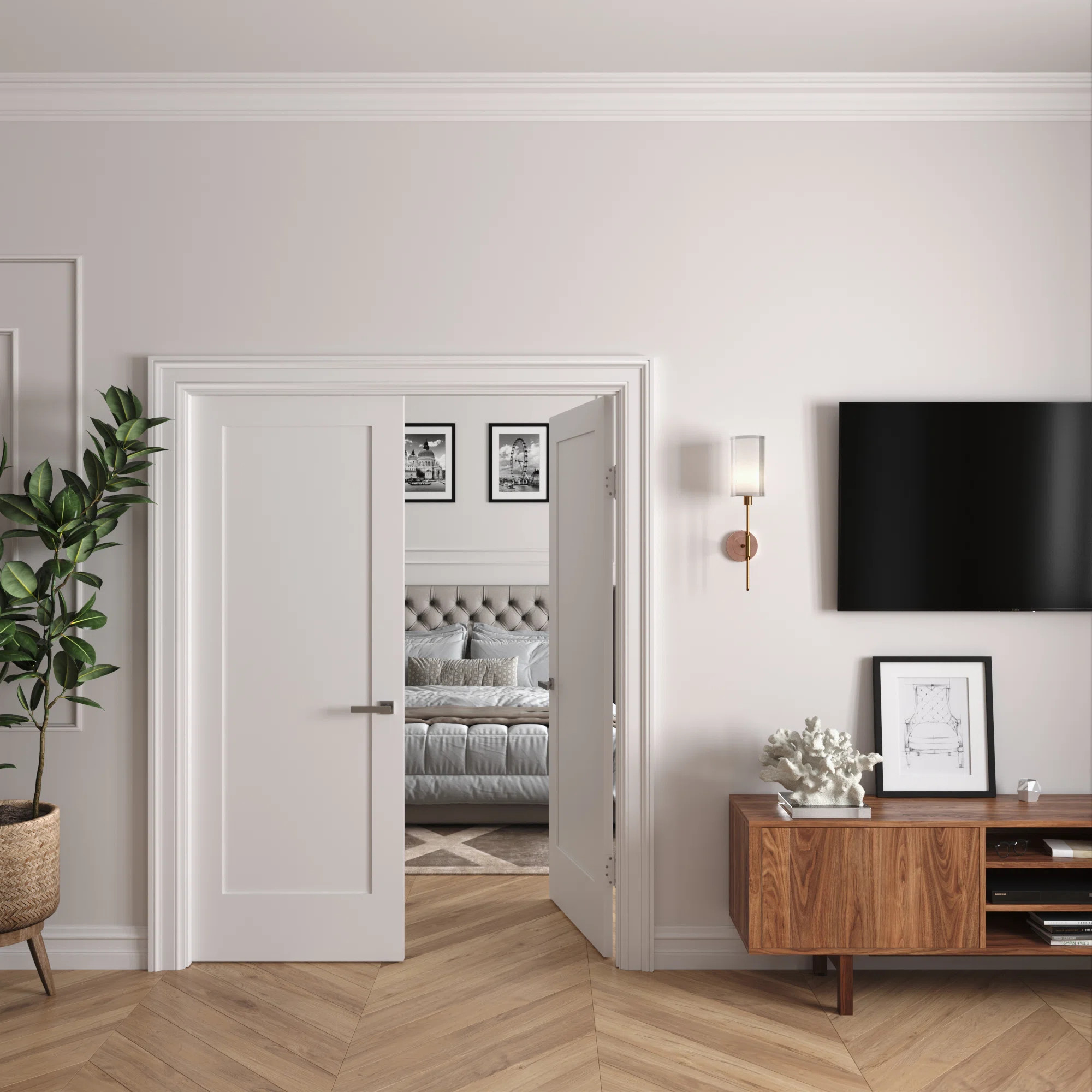 Newton Solid Core Primed Double Prehung French Door with Catch Ball and Satin Nickel Hinges | Wayfair North America