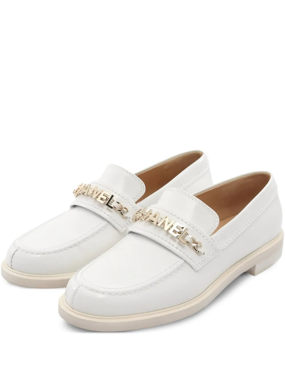 CHANEL Pre-Owned logo-chain leather loafers - White | Farfetch Global