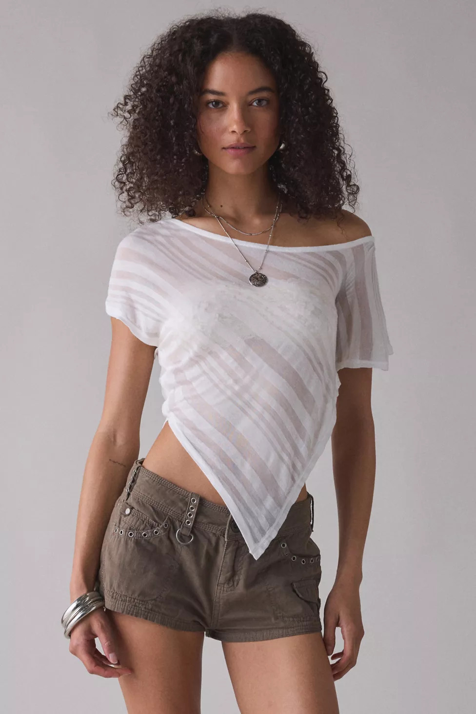 UO Bia Sheer Stripe Asymmetric Off-The-Shoulder Poncho | Urban Outfitters (US and RoW)