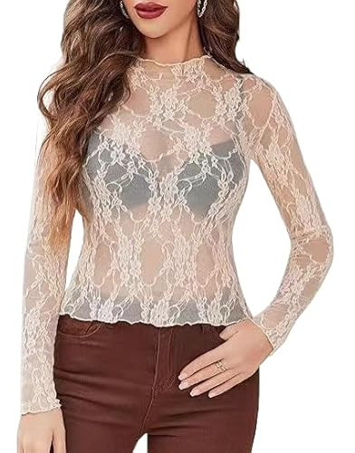 Lace Long Sleeve Tops for Women Mesh Mock Neck Lace Undershirt Sheer Blouse See Through Shirts Champagne | Amazon (US)