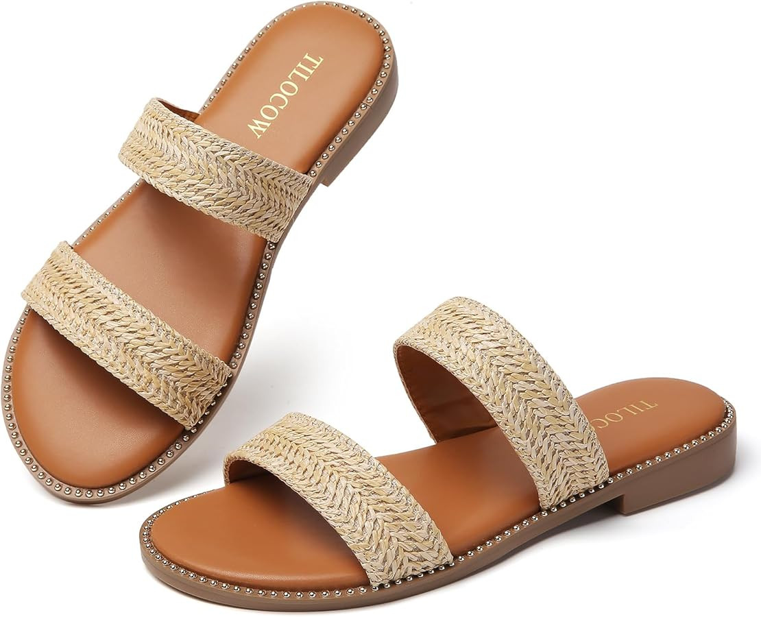 Tilocow Women's Flat Sandals with Rivets Inlaid Slip on Sandals Two Strap Casual Summer Slide Sho... | Amazon (US)