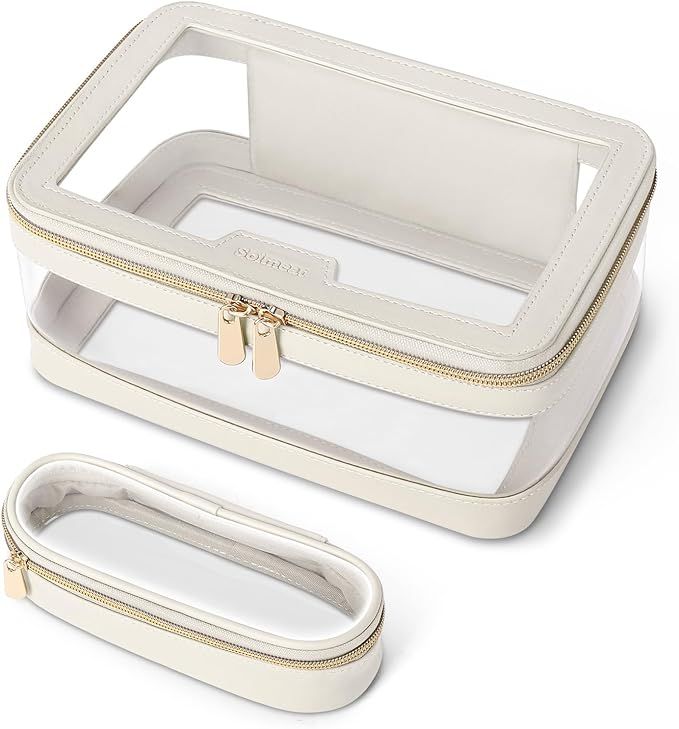 Soimeat Travel Clear Makeup Bag with Makeup Brush Bag, Leather Makeup Case Toiletry Bag, Portable... | Amazon (US)