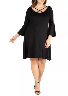 24seven Comfort Apparel Women's Plus Size Criss Cross Round Neck Cold Shoulder Dress, Black, 2X | Belk