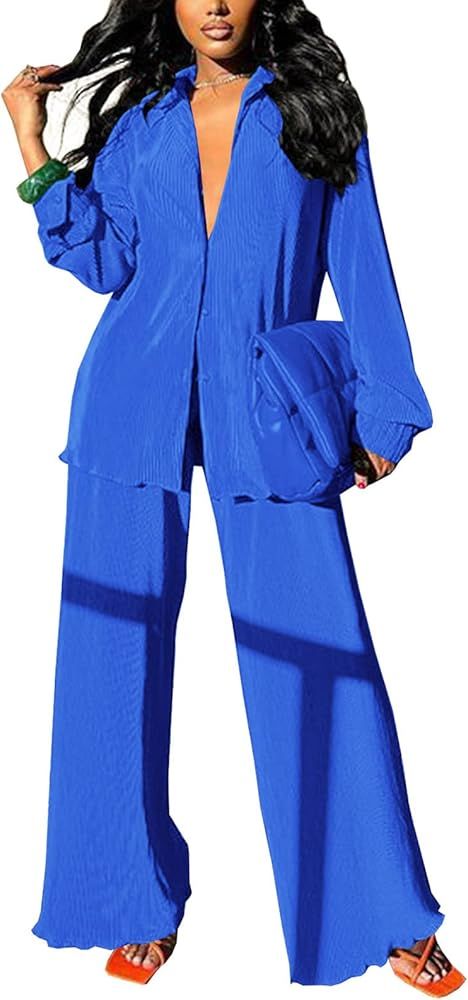 Womens Pleated 2 Piece Outfits Long Sleeve Button Down Shirt Wide Leg Pants Pajama Sets Jumpsuit ... | Amazon (US)