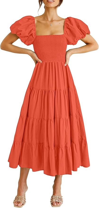PRETTYGARDEN Women's Casual Summer Midi Dress Puffy Short Sleeve Square Neck Smocked Tiered Ruffl... | Amazon (US)