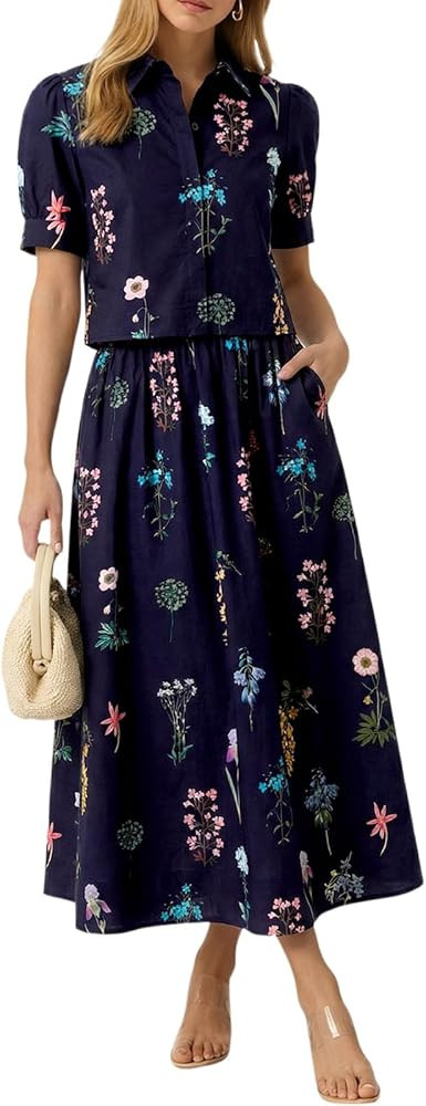 Tankaneo Womens 2 Piece Floral Skirt Sets Puff Sleeve Blouse and Elastic Waist Matching Set Vacat... | Amazon (US)