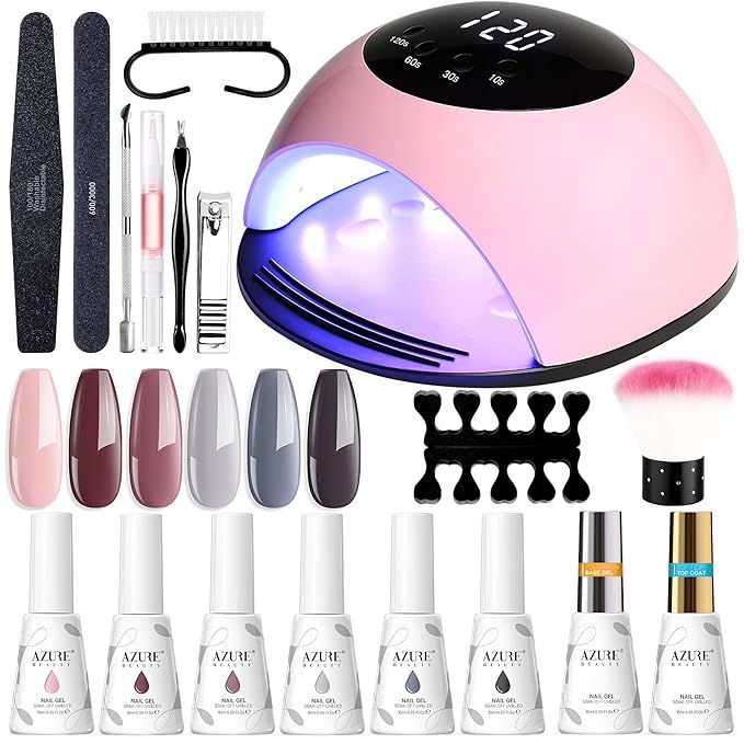Gel Nail Polish Starter Kit with 84W U V/LED Nail Lamp, AZUREBEAUTY 6 Colors Nude Grays Pink Soak... | Amazon (US)