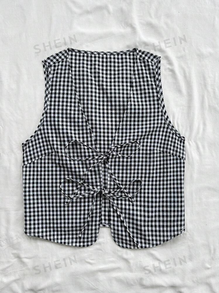 SHEIN Dreamara Vintage V-Neck Gingham Butterfly Tie Sleeveless Vest Shirt For Women, Casual & Rom... | SHEIN