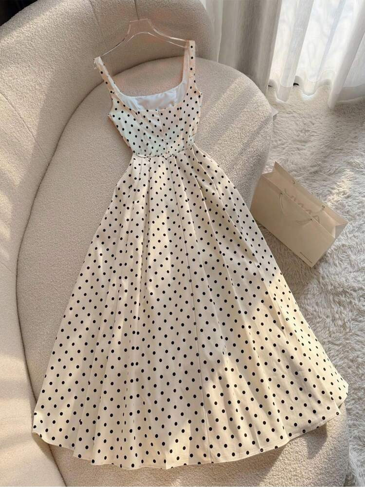 INAWLY Women's Vintage French Style Polka Dot Beach Holiday Spaghetti Strap Maxi Dress | SHEIN