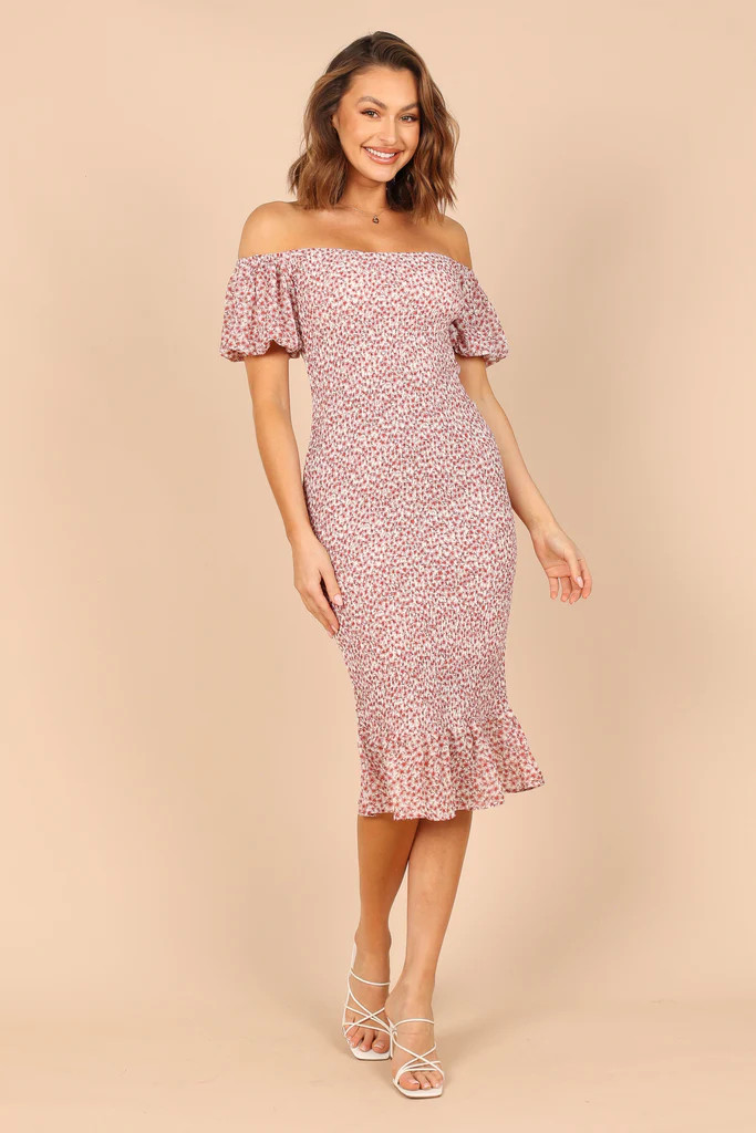 Claire Shirred Bodycon Off Shoulder Midi Dress - Pink Floral | Petal & Pup (US)