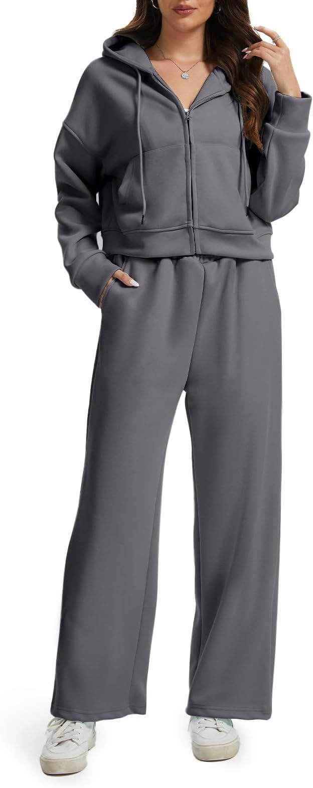 Women's 2 Piece Cotton Blend Tracksuit Zip Up Hoodie Wide Leg Matching Lounge | Amazon (US)