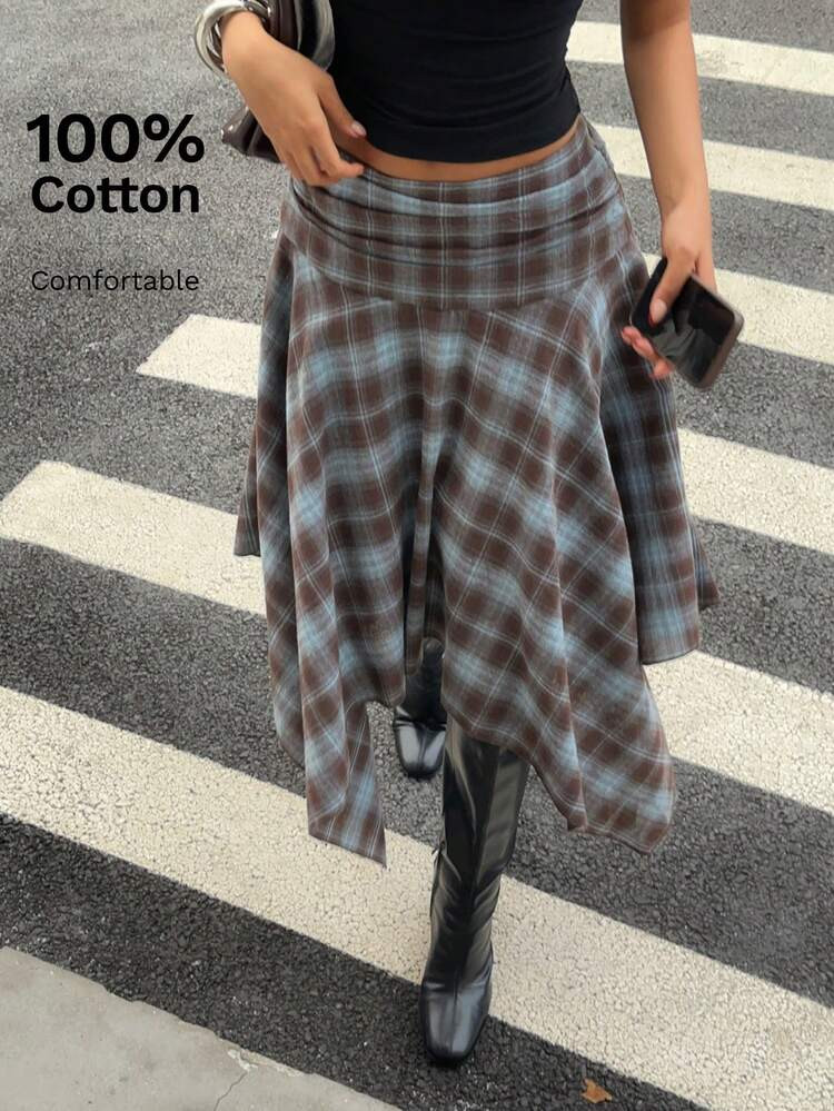 Aloruh Women's Retro Two-Tone Plaid Cotton Midi Skirt With Asymmetrical Hem, Perfect For Spring/Summer. A Retro Y2K Style Set, Suitable For Spring Break And Valentine's Day. Blue Skirt, Plaid Skirt. High Low Skirt Asymmetrical Skirt Checkered Skirt | SHEIN