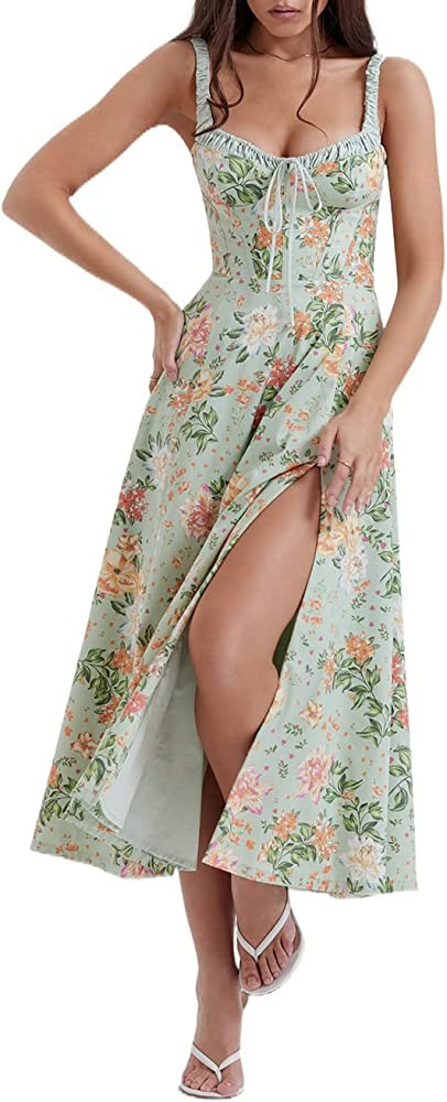 Women's Puff Sleeve Split Maxi Dress Square Collar Ruffle Floral Boho Dresses Cottagecore Backles... | Amazon (US)