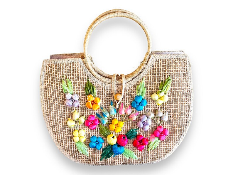 Vintage Raffia Flower and Jute Hand Bag, Vintage Cabana Bag | Etsy (US)