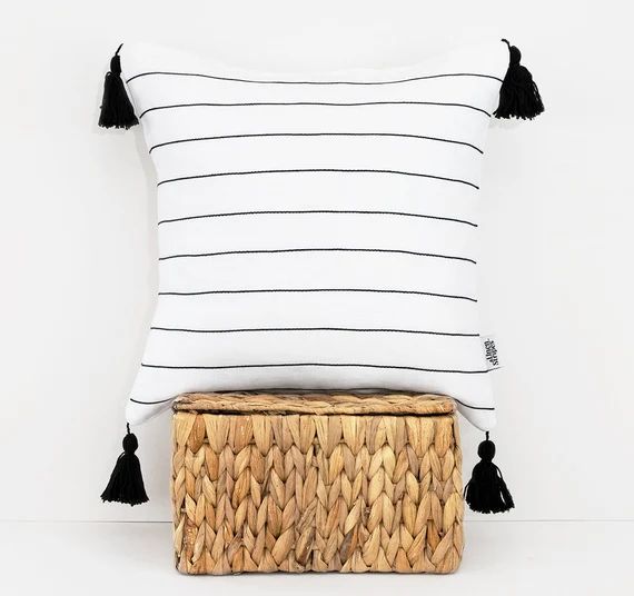 Black and White stripe linen pillow cover with Black tassels. Boho pillow case. Scandinavian mode... | Etsy (US)
