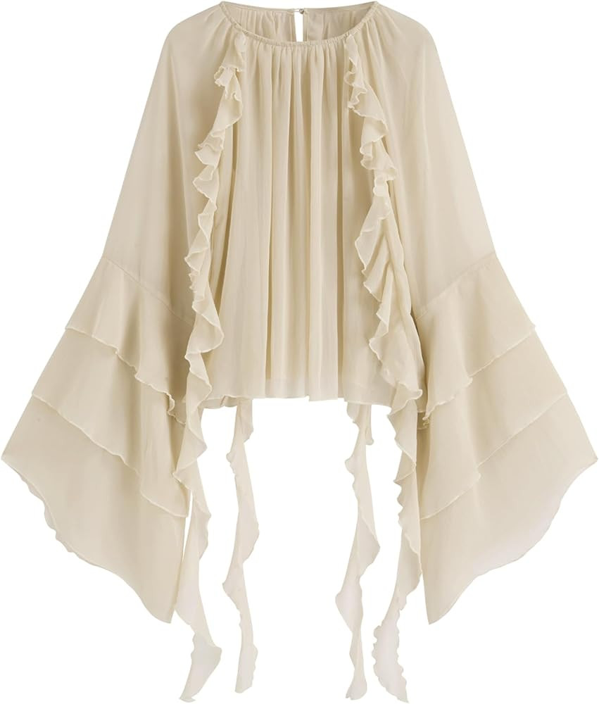 CIDER Womens Blouse Dressy Casual Crew Neck See Through Ruffle Hem Bell Sleeve Loose Fit Chiffon ... | Amazon (US)