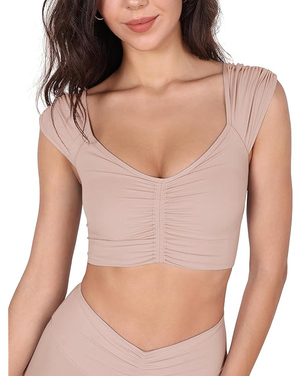 ODODOS Ruched Front Crop Tank for Women V-Neck Cut Out Back Cap Sleeve Cropped Tops | Amazon (US)