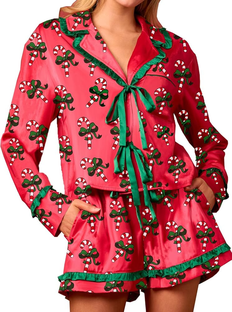 Women Cute Christmas Pajamas Bow Tie Long Sleeve Shirt Pants Satin Sleepwear 2 Piece Set | Amazon (US)