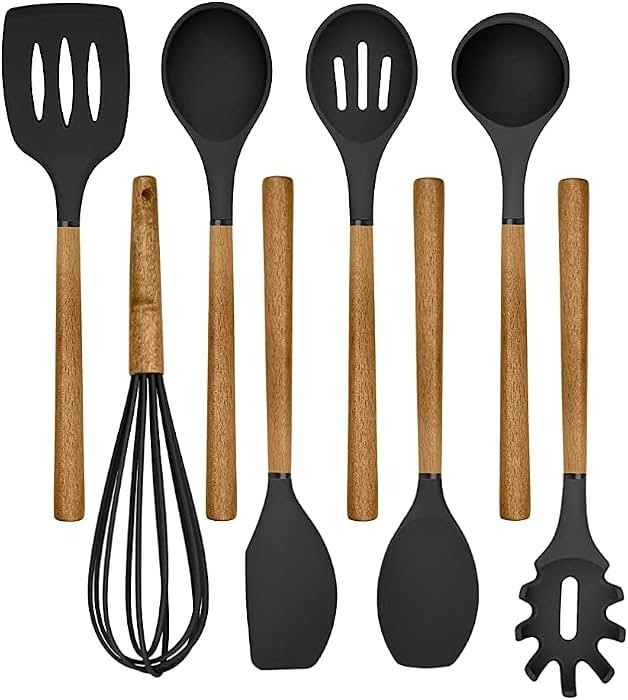 Country Kitchen Non Stick Silicone Utensil Set with Rounded Wood Handles for Cooking and Baking, ... | Amazon (US)
