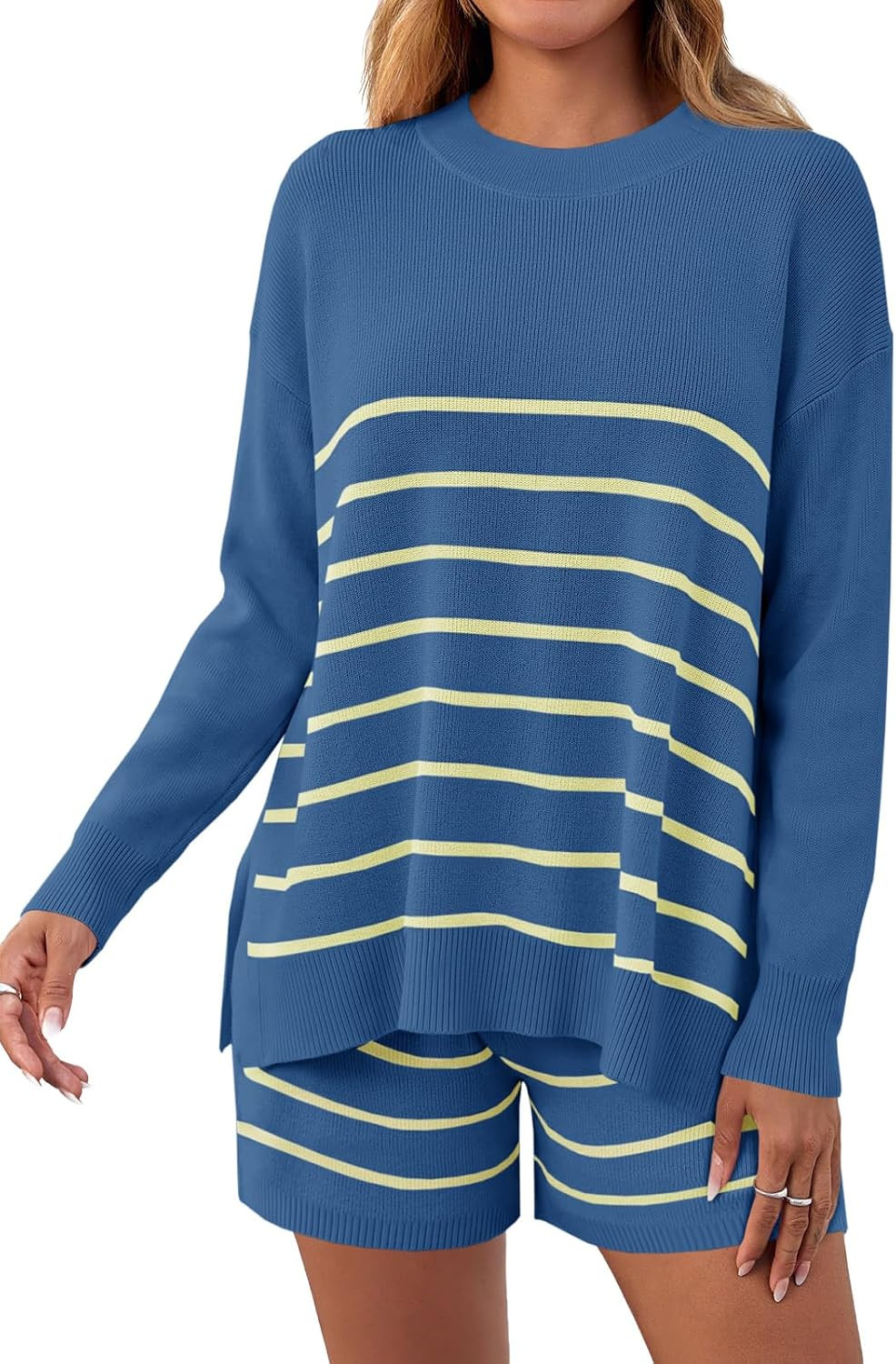 Fisoew Women's Striped 2 Piece Lounge Sets Oversized Long Sleeve Knit Sweater High Waisted Shorts Casual Pajama Set Outfits | Amazon (US)