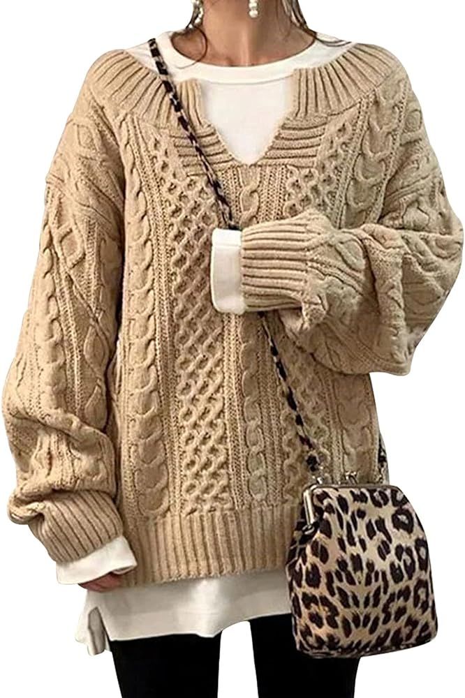 Yimoon Women’s Casual Cable Knit Sweater V Neck Long Sleeve Twist Sweater | Amazon (US)