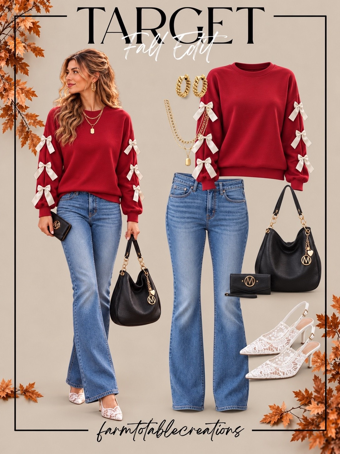 Target Fall Fashion Edit | Feminine & Chic Bow Details 🎀❤️

A little feminine flair with a pop of gorgeous red! ❤️✨ These Target fall fashion finds are the perfect mix of casual comfort and elevated style. I’m loving the red sweatshirt with its adorable ivory bows along the sleeves, paired with classic light-wash jeans and beautiful white lace slingback heels. The black handbag, gold jewelry, and coordinating wallet add the perfect polished finishing touches!

Whether you’re heading out for brunch, enjoying a lunch date, shopping with the girls, or putting together a cute everyday outfit, this look is effortlessly stylish! The rich red and delicate bow details also make this a gorgeous transitional outfit for the upcoming holiday season. Festive enough for Christmas outings while still being perfect for everyday wear! 🎄✨

Follow @farmtotablecreations on Instagram for more cozy home finds and trending decor.

#LTKStyle #LTKFashion #TargetFinds #TargetStyle #TargetFashion #FallFashion #FallOutfitIdeas #BowSweatshirt #FeminineFashion #CasualChic #RedOutfit #WideLegJeans #HolidayOutfitIdeas #ChristmasFashion #LaceHeels #EverydayStyle #AffordableFashion #FallWardrobe #HolidayStyle #LTKFinds