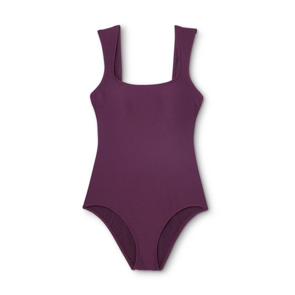 Women's Ribbed Square Neck Cap Sleeve Medium Coverage One Piece Swimsuit - Kona Sol™ Burgundy | Target