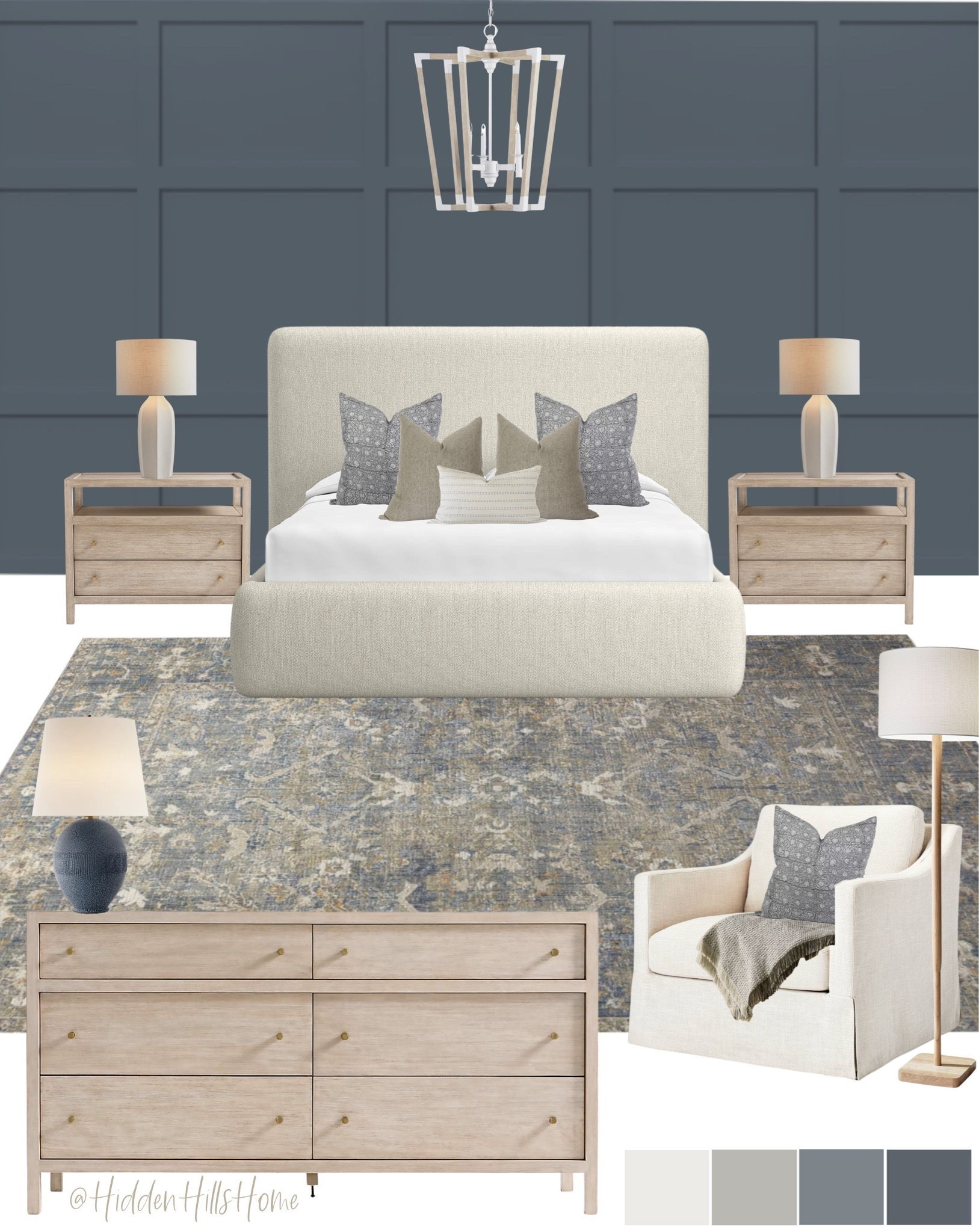 Master bedroom decor mood board, bedroom design ideas, bedroom inspiration, nightstands, bedroom accent wall, bedroom rug #bedroom 
Wall color is SW Granite Peak

#LTKHome #LTKSaleAlert #LTKSeasonal