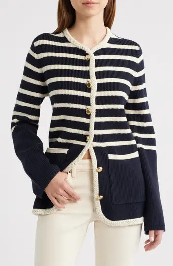 rag & bone Nora Stripe Cotton Blend Cardigan in Navy/Cream at Nordstrom Rack, Size Small | Nordstrom Rack