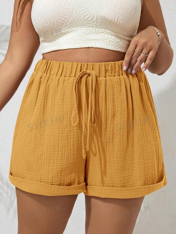SHEIN VCAY Plus Size Solid Color Shorts With Knot Detail At Waist | SHEIN
