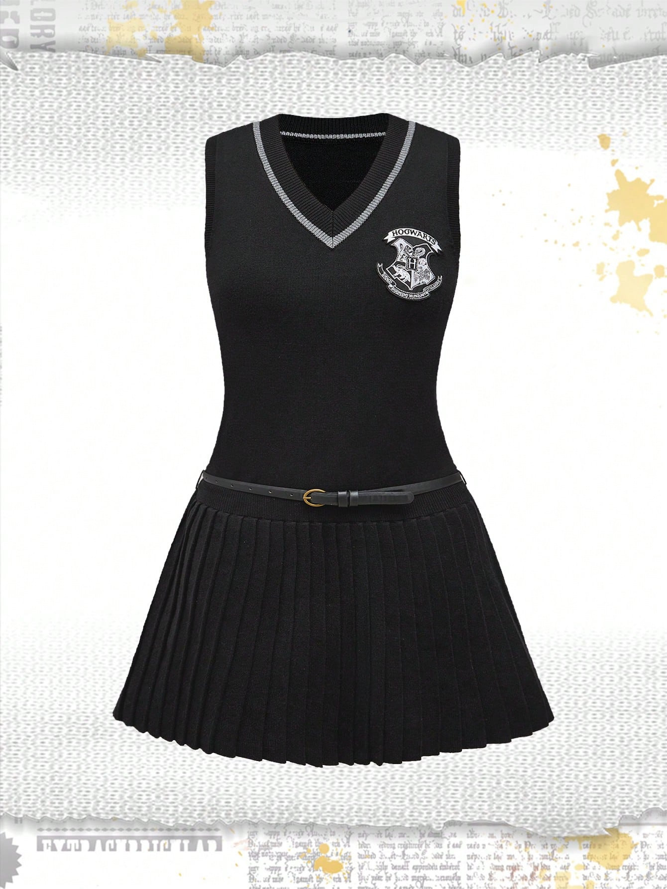 Harry Potter | ROMWE Embroidered Collegiate Pattern V-Neck Colorblock Striped Waist Pleated Mini ... | SHEIN