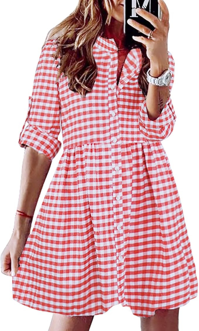 FANCYINN Women's Gingham Stand Collar Shirt Dress Button Down Casual Long Sleeve Tie Sleeves Mini... | Amazon (US)