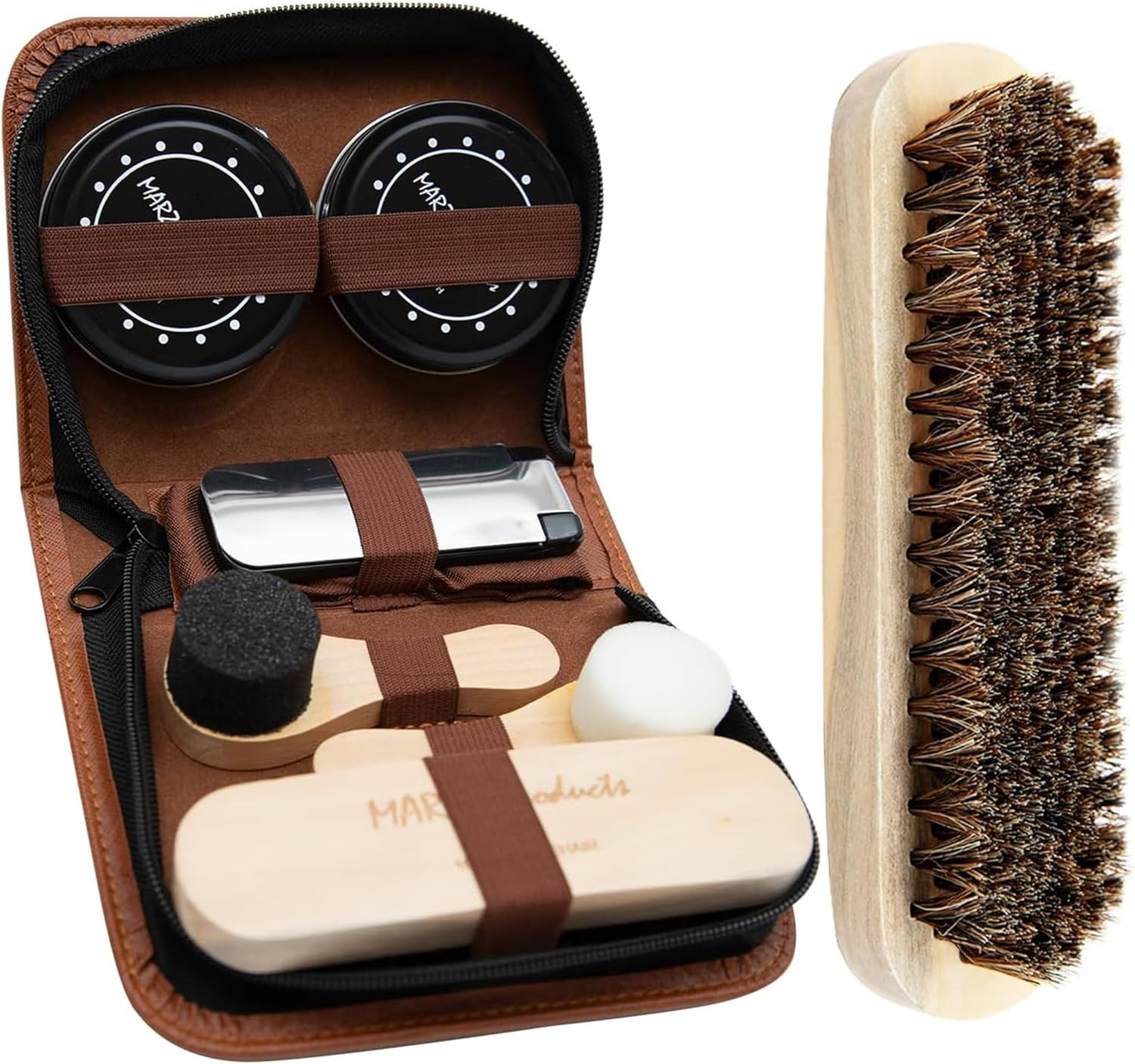 Deluxe Portable 7pc Shoe Shine Kit - Genuine Horsehair Brush, Black & White Shoe Polish - Suede &... | Amazon (US)