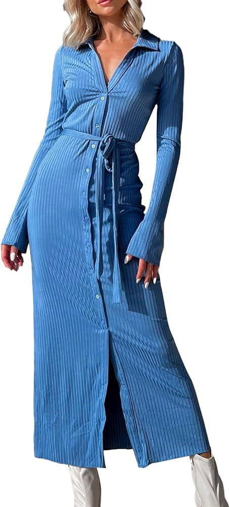 Adoeren Women Formal Pleated Maxi Dress Long Sleeve V Neck Plisse Long Dress Slim Casual Elegant ... | Amazon (US)