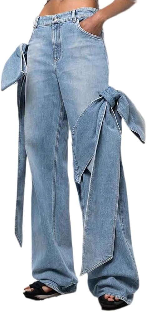 Women's Hight Waisted Wide Leg Jeans Trendy Loose Bowknot Denim Pants | Amazon (US)
