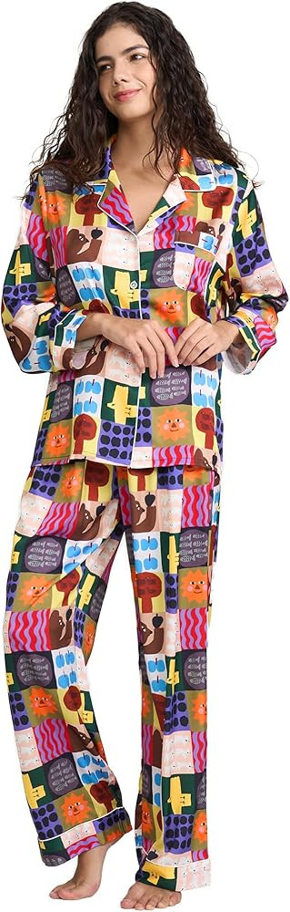 Womens Silk Satin Pajamas Set Button Down 2 Piece Pjs Long Sleeve Oversized Sleepwear with Pocket... | Amazon (US)