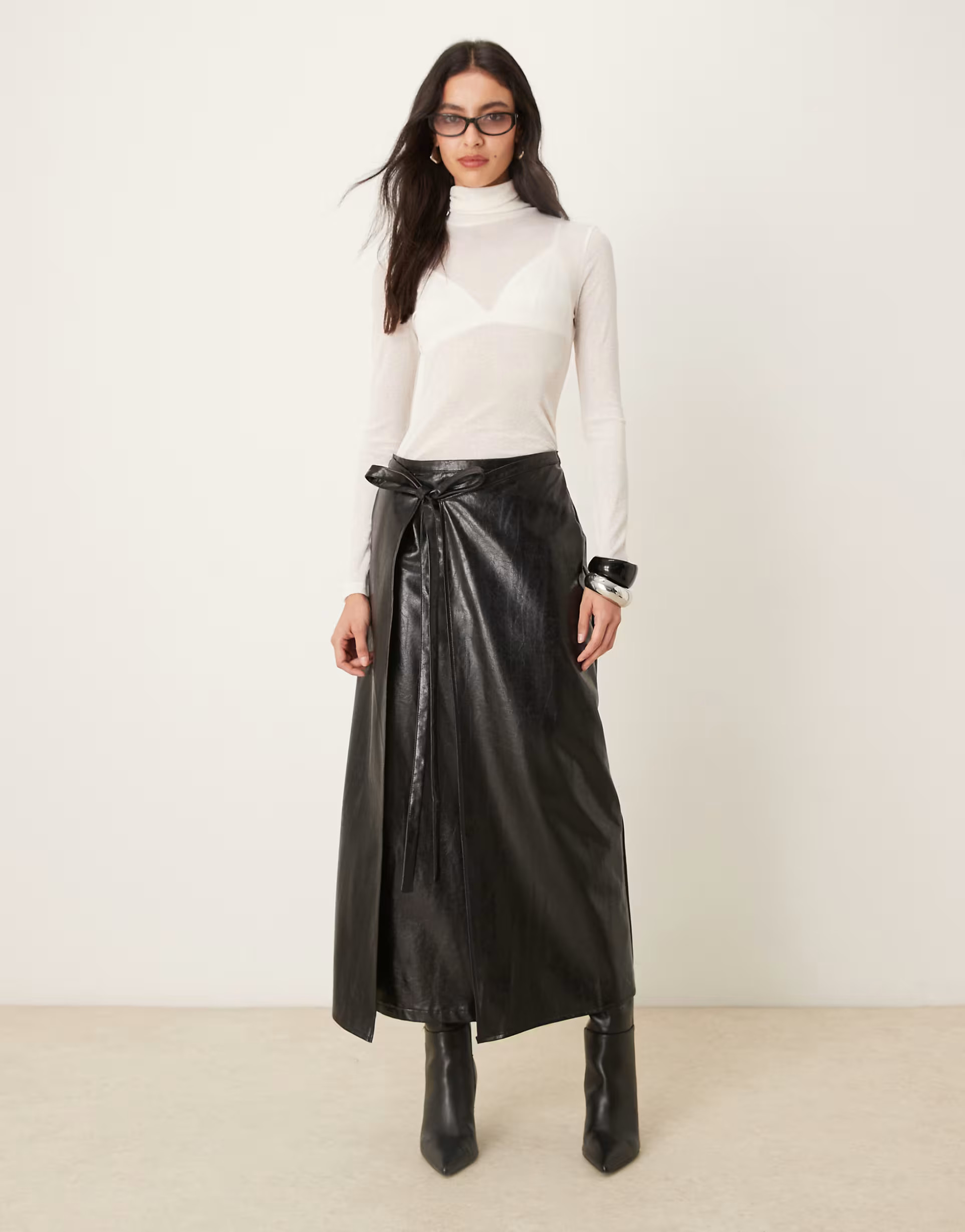 Ghospell Louise faux leather wrap midi skirt with tie detail in black | ASOS (Global)