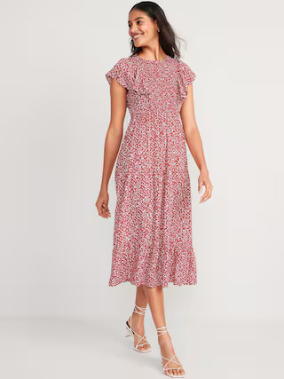 Fit & Flare Flutter-Sleeve Tiered Smocked Midi Dress for Women | Old Navy (US)