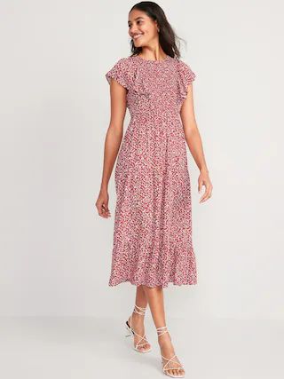 Fit &#x26; Flare Flutter-Sleeve Tiered Smocked Midi Dress for Women | Old Navy (US)
