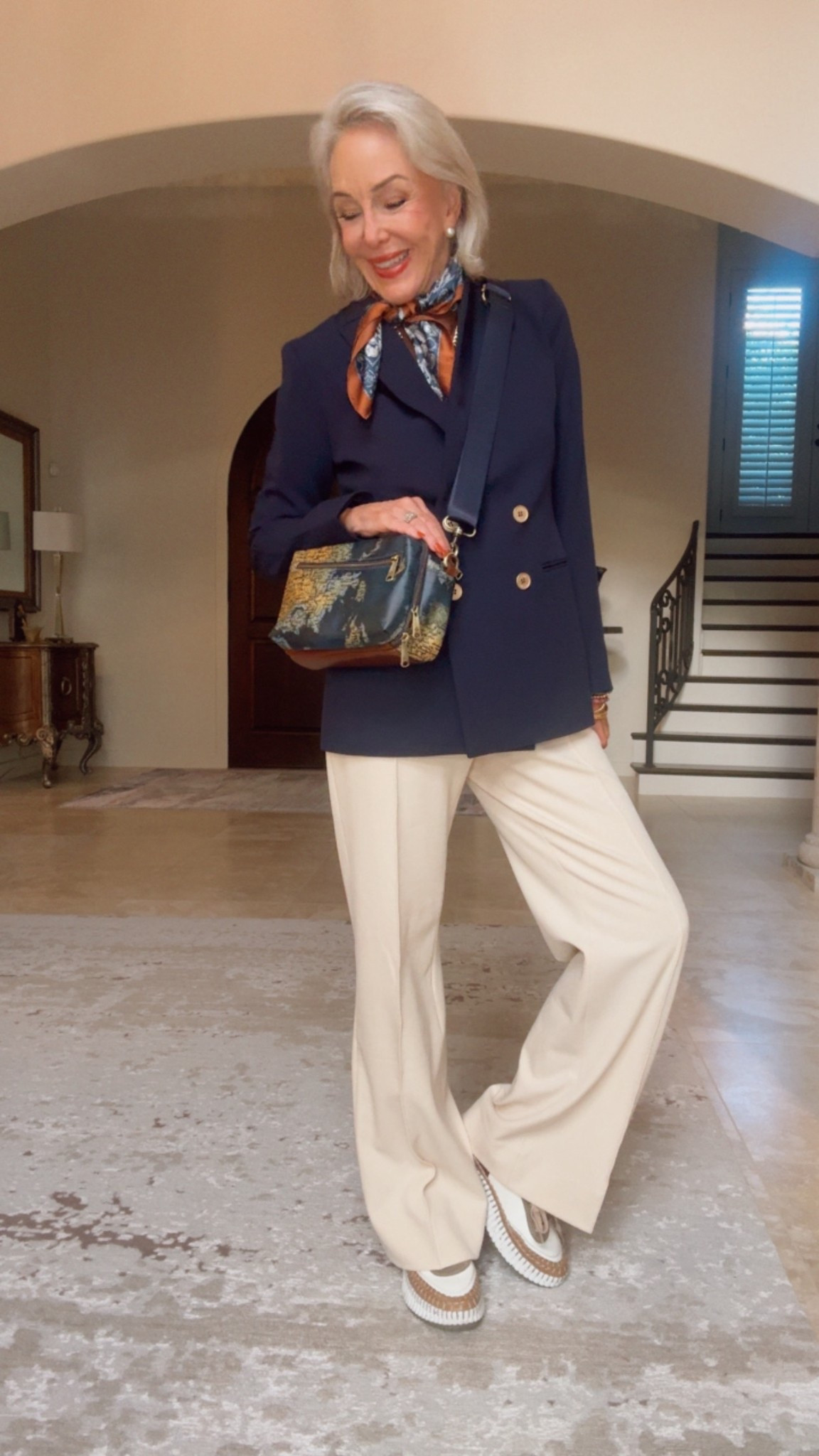 Saint & Sofia Cambridge Blazer and wide leg trousers with great stretch, ribbed short sleeve tee
Scarf, Patricia Bash map bag


#LTKWorkwear #LTKSeasonal #LTKOver40