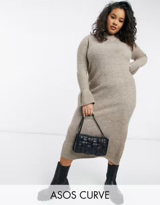 ASOS DESIGN Curve knitted dress with bell sleeve detail in taupe | ASOS (Global)