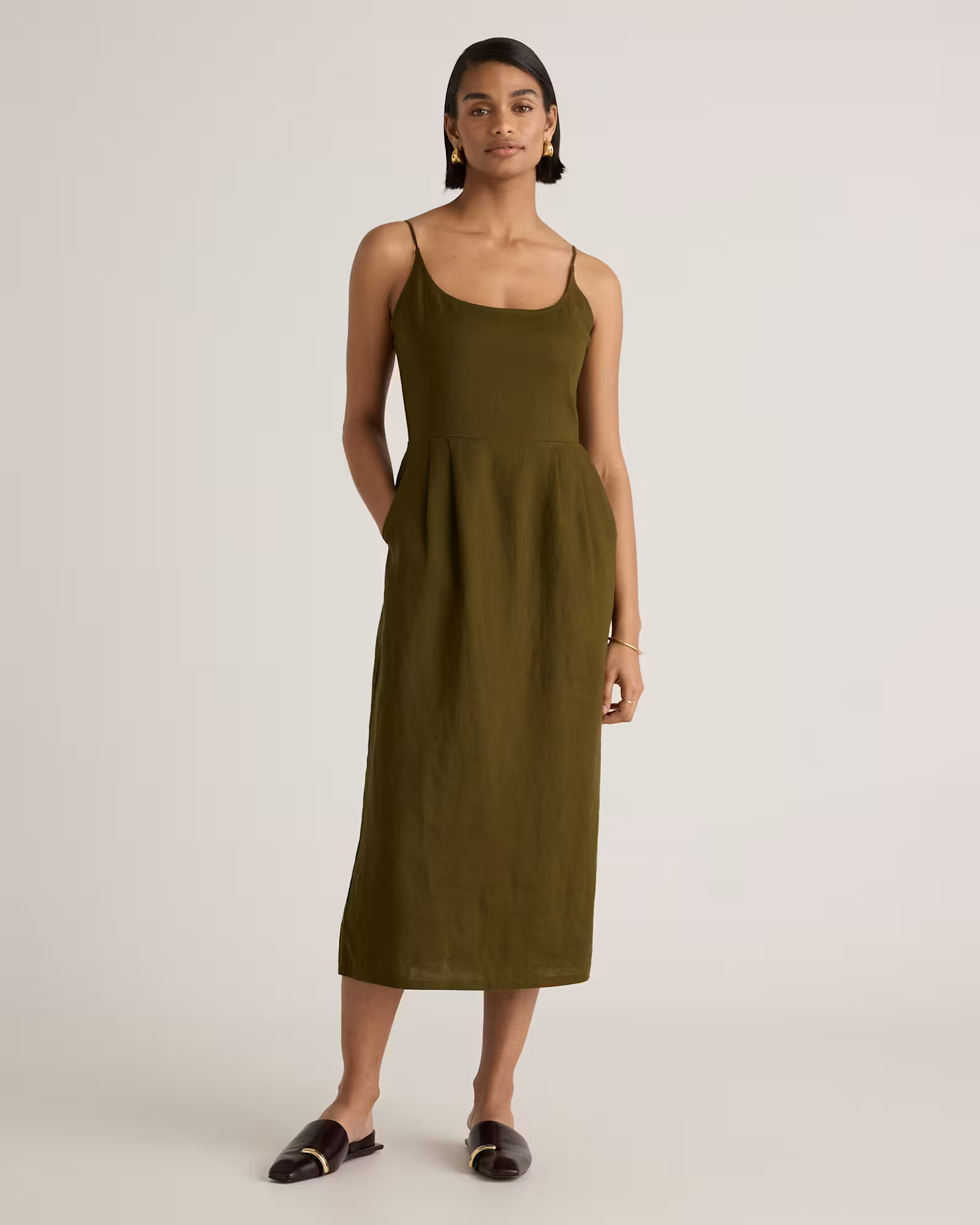 100% European Linen Scoop Neck Midi Dress in Martini Olive | Quince