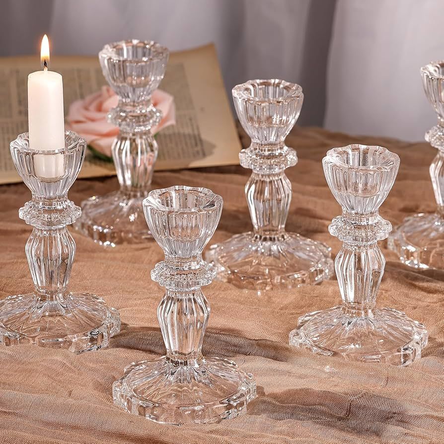 Glass Candlestick Holders Set 6PCS, Clear Taper Candle Holders Bulk, Crystal Tall Candle Holder f... | Amazon (US)