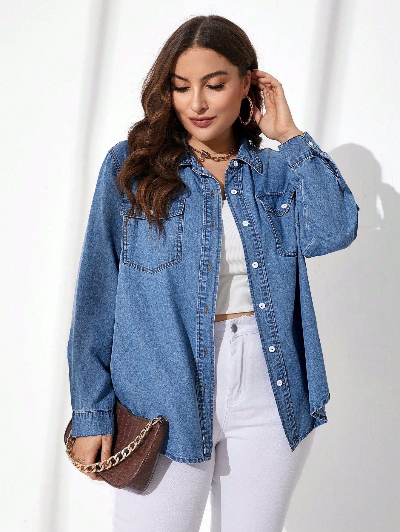 SHEIN CURVE+ Plus Size Denim Top With No Elasticity, Slimming And Versatile | SHEIN